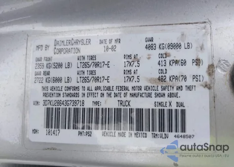 2003 Dodge Ram 2500 Slt/Laramie/St z USA, uszkodzony, nr VIN 3D7KU28643G739718